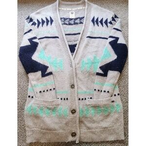 Roxy Sz XS Blue Gray Aztec Tribal‎ Print Thick Button Up Cardigan Sweater EUC